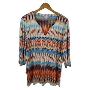 Chicos 100% Linen Tunic Top Size 3 (XL) Multicolor V-Neck 3/4 Sleeve Boho Artsy